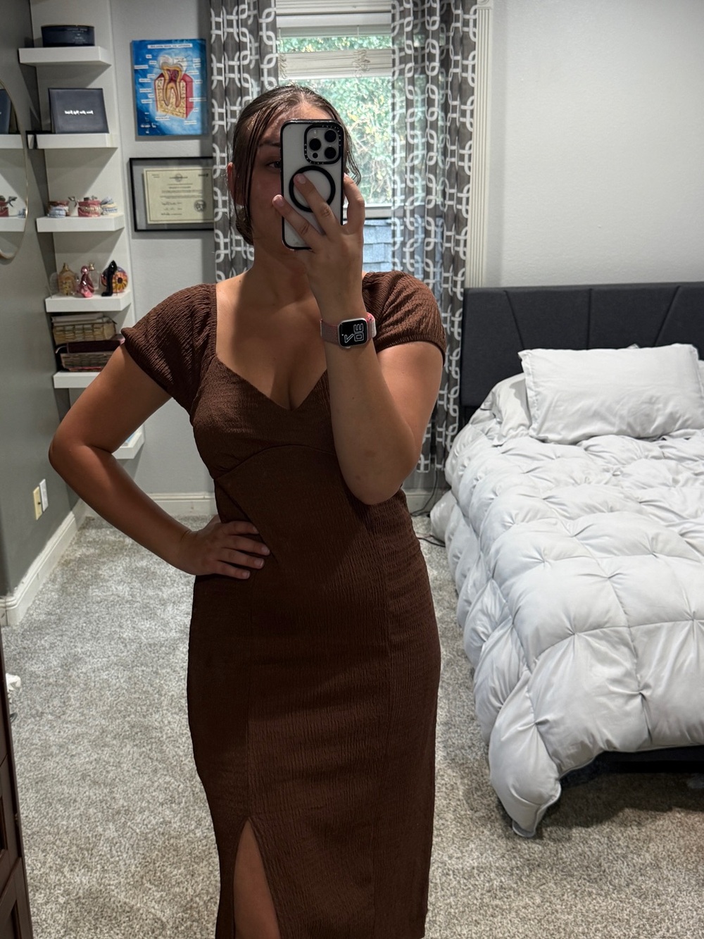 Almost Famous Brown Ribbed V-Neck Midi Dress with Front Slit
